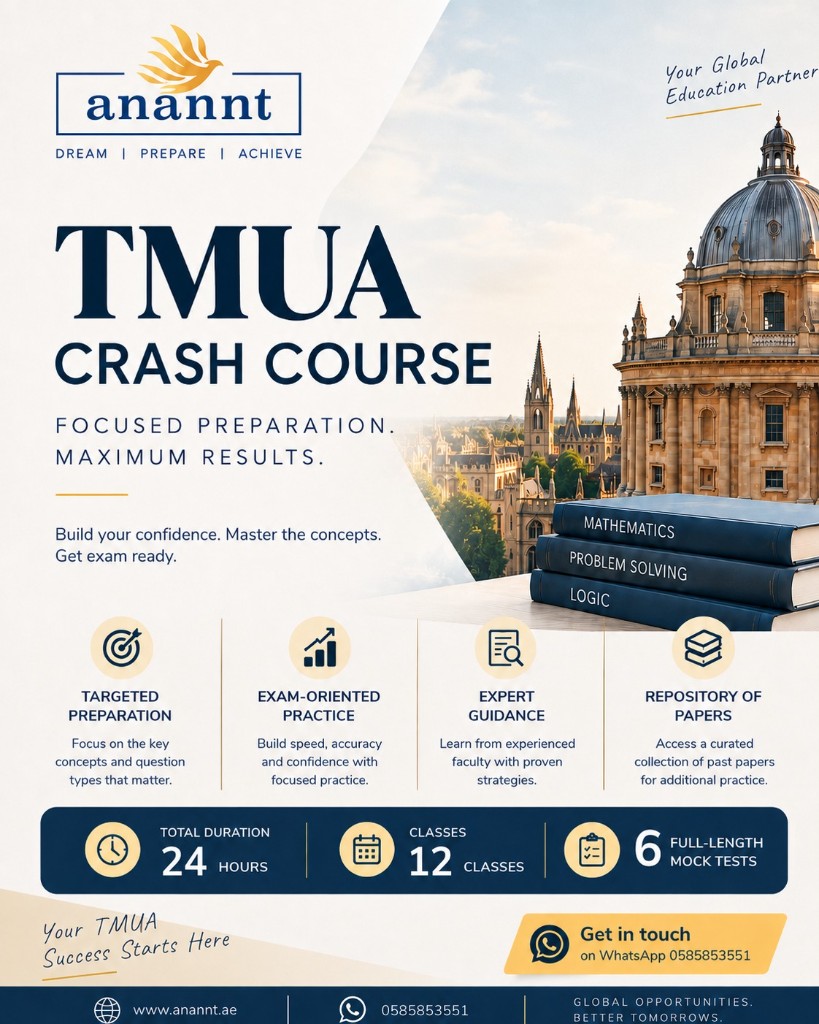 TMUA Crash Course flyer by Anannt Education Dubai - focused preparation, maximum results, 24 hours total duration, 12 classes, 6 full-length mock tests, WhatsApp 0585853551