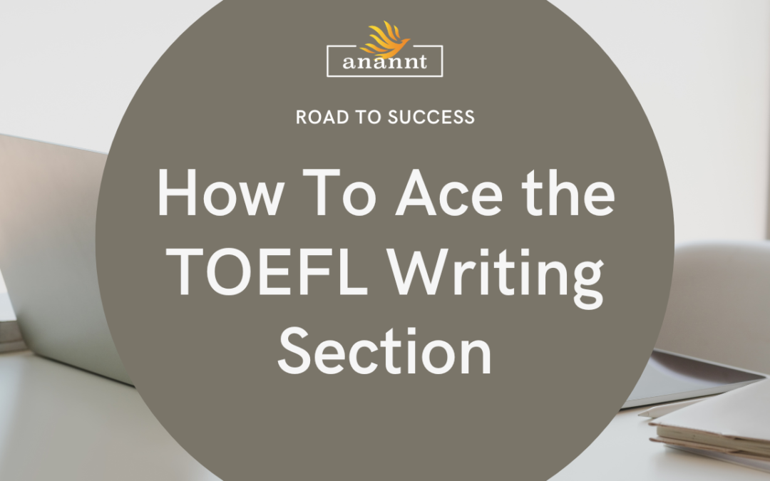 Guidebook open on a desk highlighting tips to ace the TOEFL Writing Section."